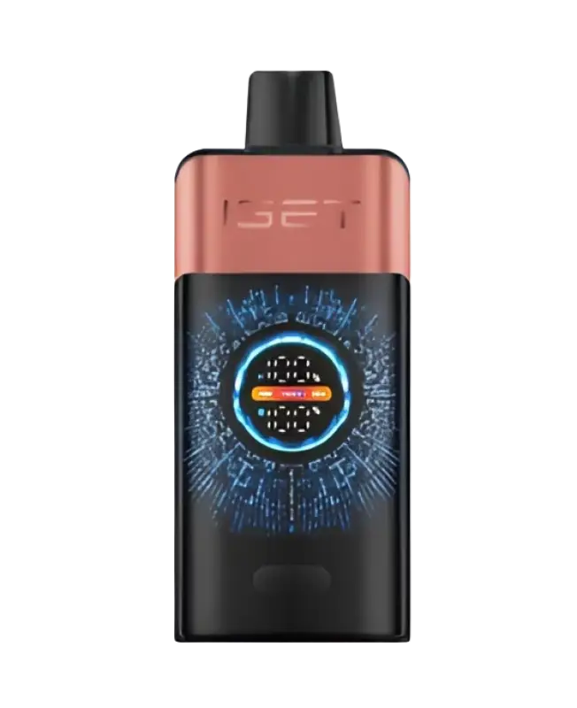 The sleek black and rose gold iset vape device features a glowing blue digital display with orange center for strawberry pomegranate ice
