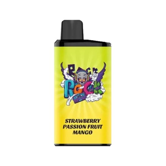 Bright yellow iget bar pro e-liquid bottle with black cap and colorful skull logo labeled strawberry passion fruit mango