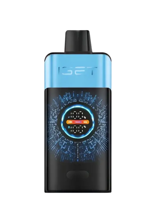 Blue and black IGET vape pen with glowing digital display for blueberry ice flavor in IGET Pro series