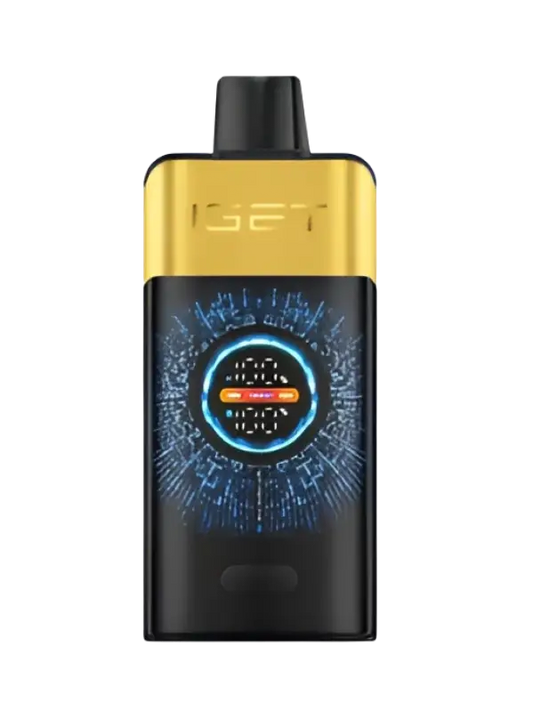 Gold and black iget pro vape pen with glowing blue circular display for kiwi pineapple flavor in iget vapes series