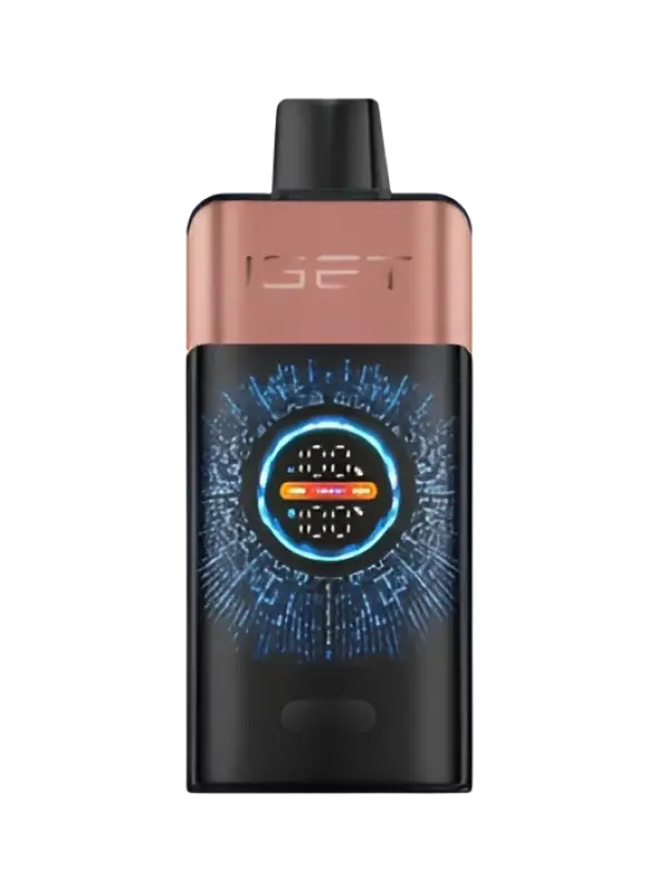 The iget one strawberry vape device in sleek black and rose gold features a glowing blue digital display with orange accents