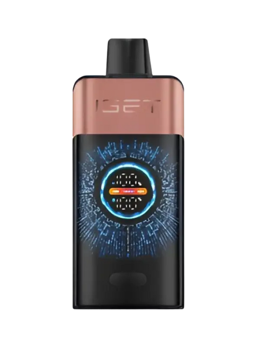 The iget one strawberry vape device in sleek black and rose gold features a glowing blue digital display with orange accents