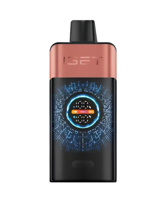 The sleek black and rose gold iset vape device features a glowing blue digital display with orange center for strawberry pomegranate ice